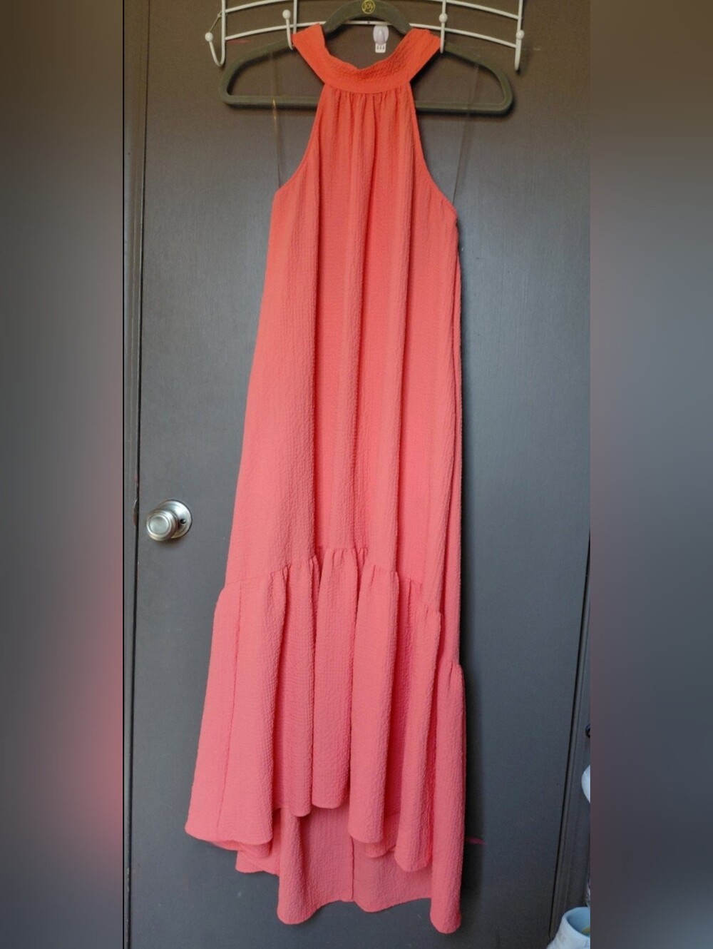 Coral High-Low Halter Maxi Dress